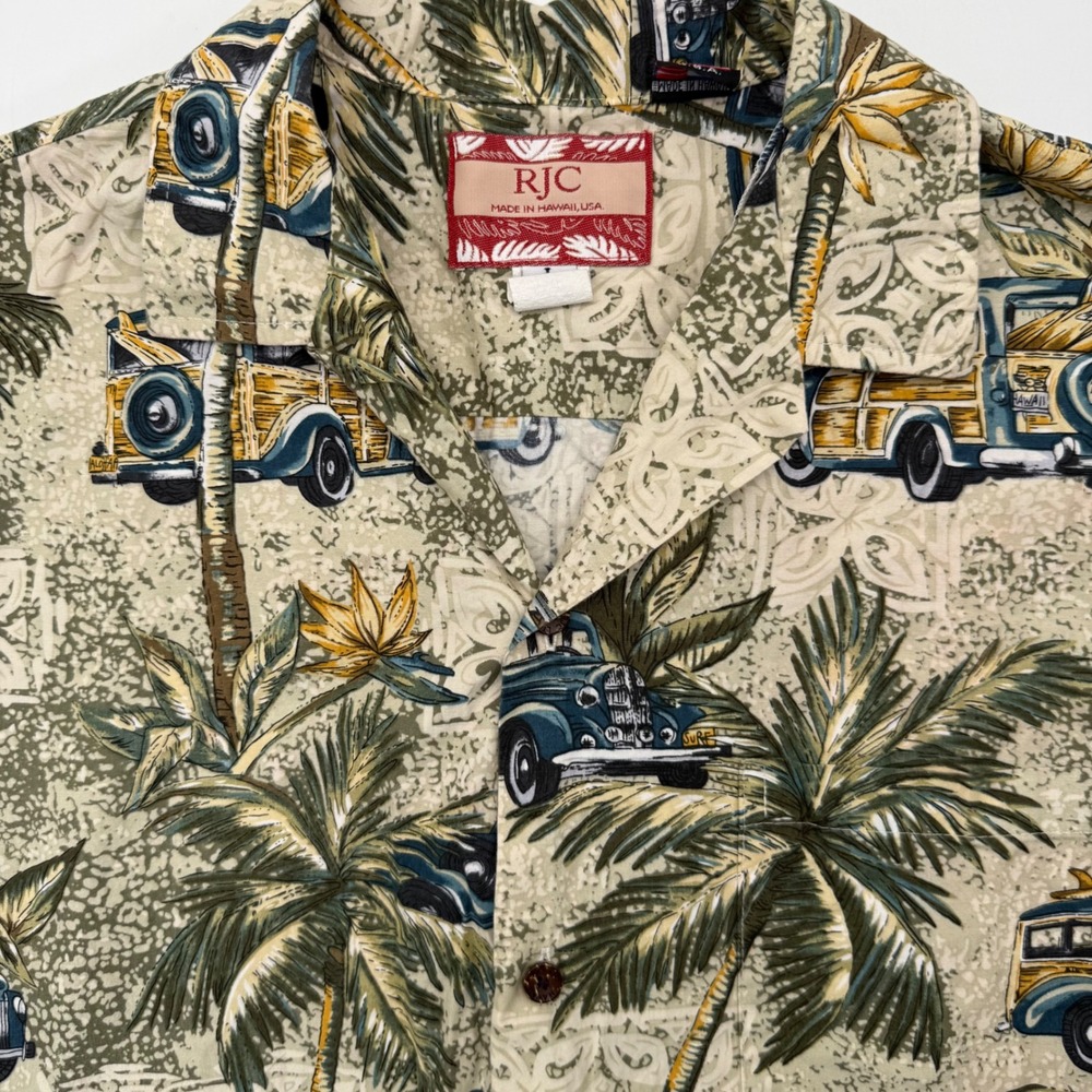 RJC Hawaiian Shirt Mens L Tan Woody Car Palm Tree Print Cotton Aloha 102C USA